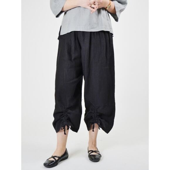 Bryn Walker M Medium Light Linen Ruched Crop Pants Black Sustainable Lagenlook - Picture 1 of 15